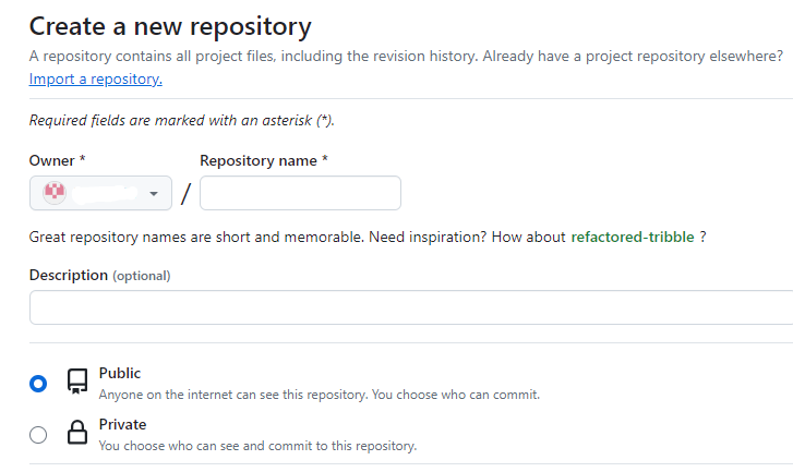 github new repository form